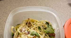 Bacon, Brussels Sprouts, and Mushroom Linguine
