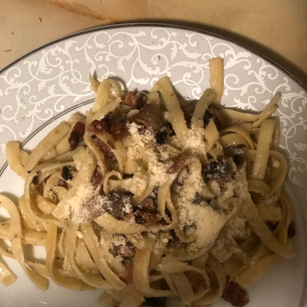 Bacon, Brussels Sprouts, and Mushroom Linguine