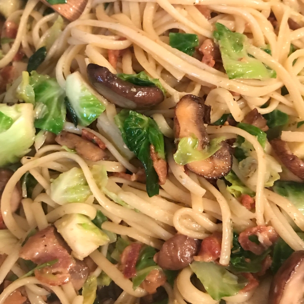 Bacon, Brussels Sprouts, and Mushroom Linguine