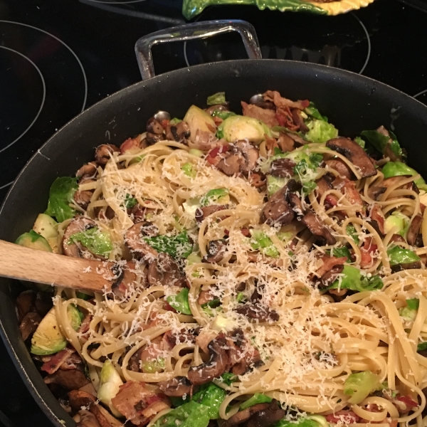 Bacon, Brussels Sprouts, and Mushroom Linguine