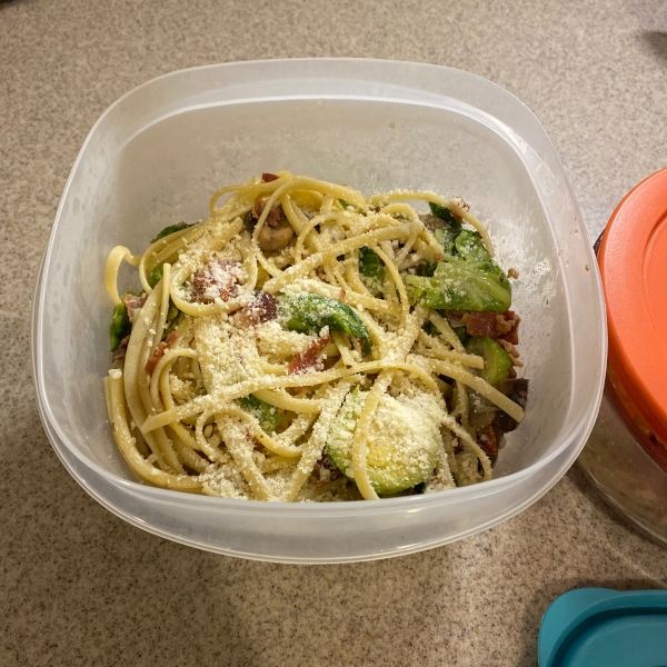 Bacon, Brussels Sprouts, and Mushroom Linguine