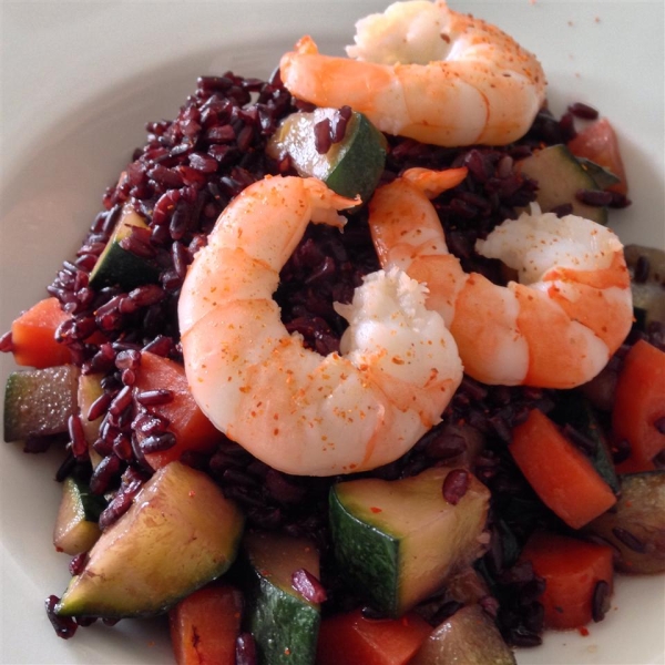 Riso Venere ai Gamberetti e Zucchini (Venus Black Rice with Prawns and Zucchini)