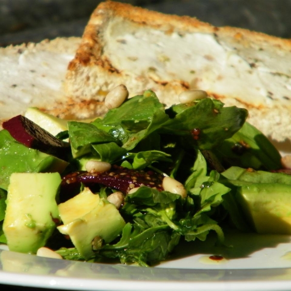 Avocado, Beet and Arugula Salad with Chevre Tartine