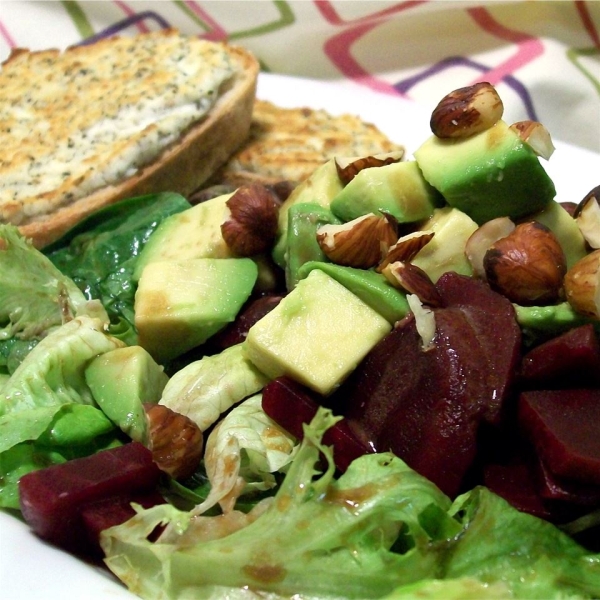 Avocado, Beet and Arugula Salad with Chevre Tartine
